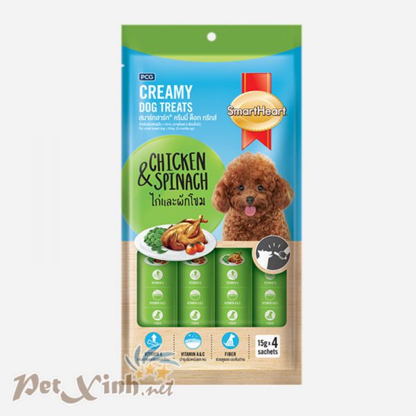 Kem súp Smart Heart Creamy Dog Treats Chicken & Spinach